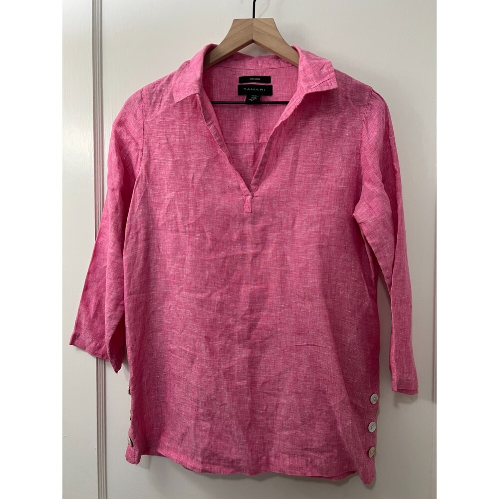 Tahari Pink 100% Linen 3/4 Sleeve Collared Tunic Top - Women's XS